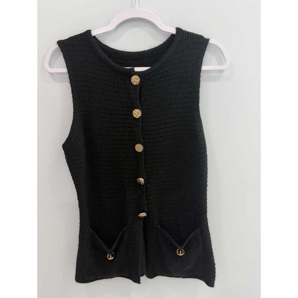 SHEIN Black Knit Sweater Vest Large Gold Button Sleeveless Pocket Accent Top